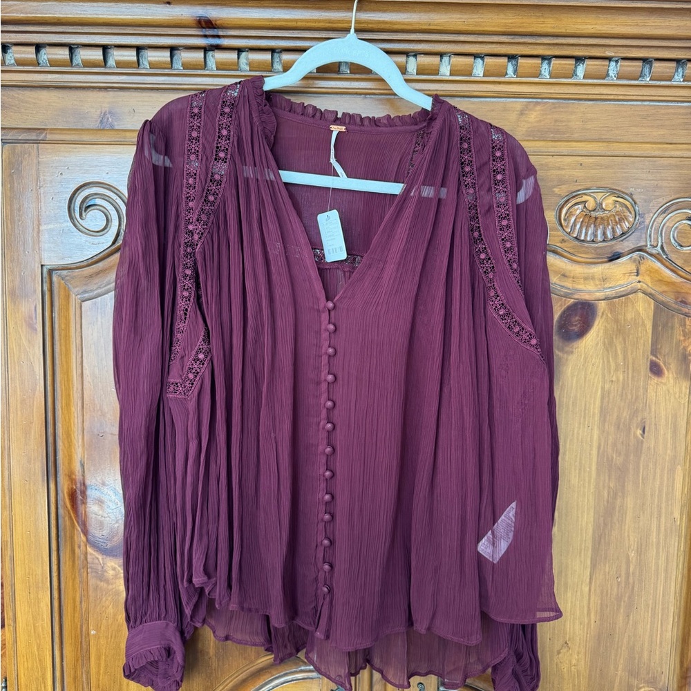 Free People Wine Button-Front Gauze Blouse